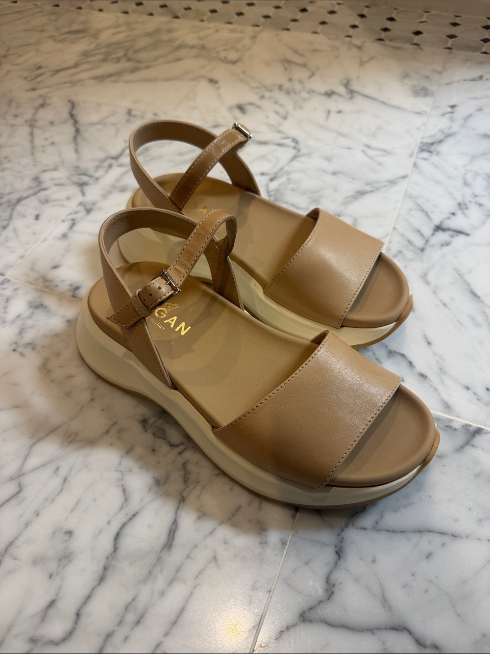 Hogan Beige-Tan Platform Sandals with Ankle Strap
